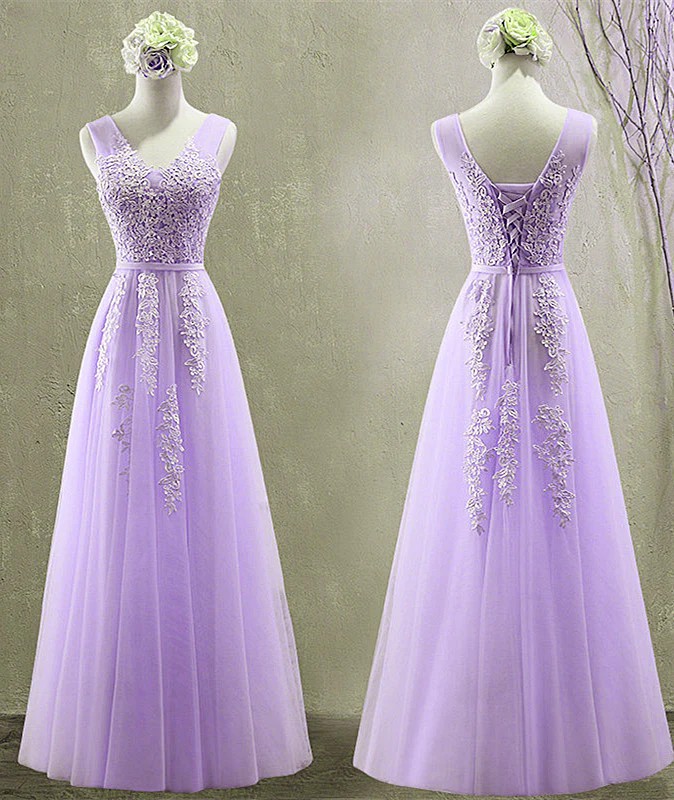 Cute Light Purple Tulle with Lace V-neckline Prom Dresses, Long Evening Gown Formal Dresses